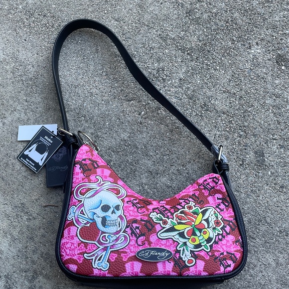 Ed Hardy Vibrant Pink Skull Shoulder Bag NWT pink black zip top - Picture 1 of 12